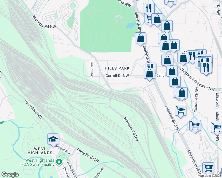 map of restaurants, bars, coffee shops, grocery stores, and more near 1684 Marietta Road Northwest in Atlanta