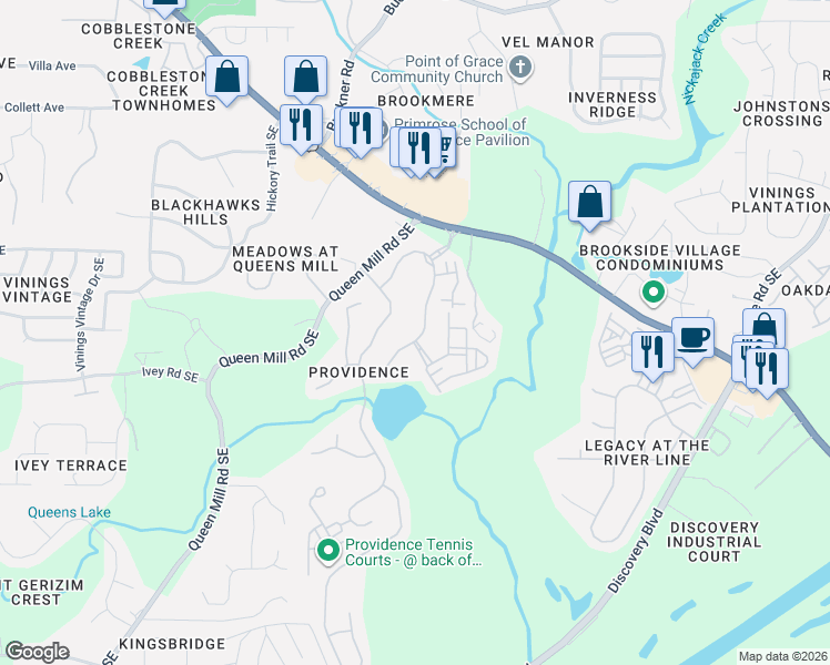 map of restaurants, bars, coffee shops, grocery stores, and more near 6242 Providence Club Drive in Mableton