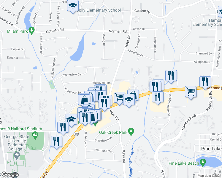 map of restaurants, bars, coffee shops, grocery stores, and more near 776 Rays Road in Stone Mountain