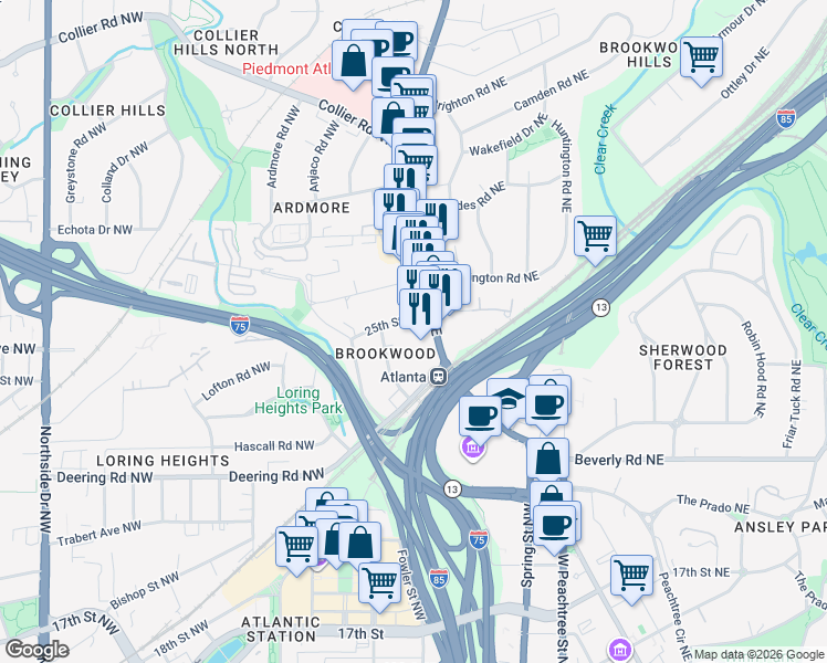 map of restaurants, bars, coffee shops, grocery stores, and more near 1720 Peachtree Road Northwest in Atlanta