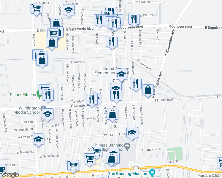 map of restaurants, bars, coffee shops, grocery stores, and more near 6 East 248th Street in Carson
