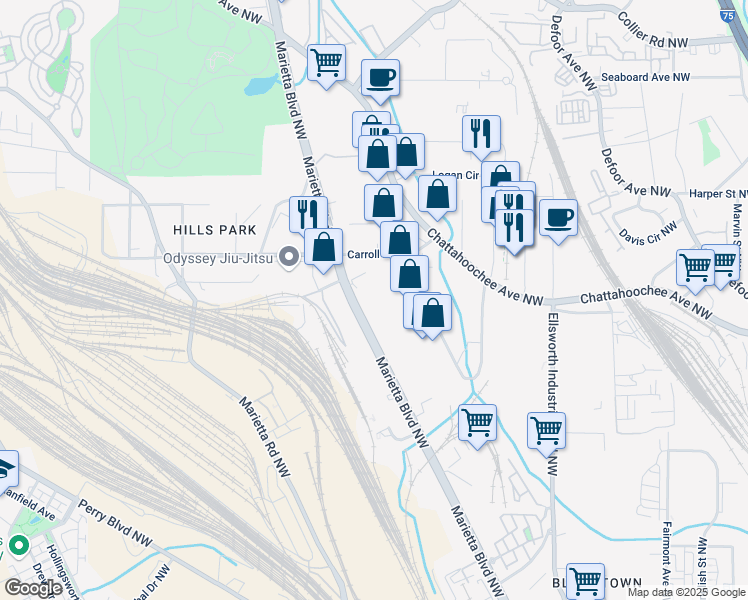 map of restaurants, bars, coffee shops, grocery stores, and more near 1695 Marietta Boulevard Northwest in Atlanta