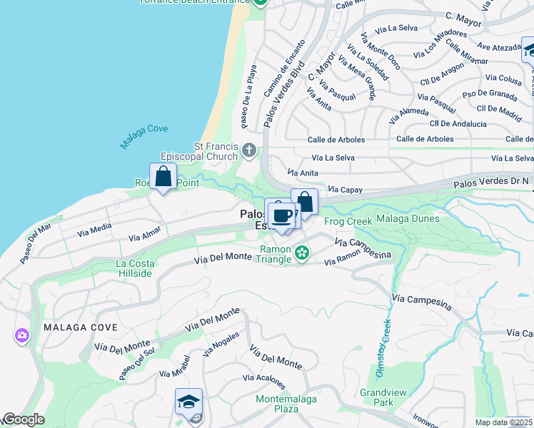 map of restaurants, bars, coffee shops, grocery stores, and more near 300 Vía Corta in Palos Verdes Estates