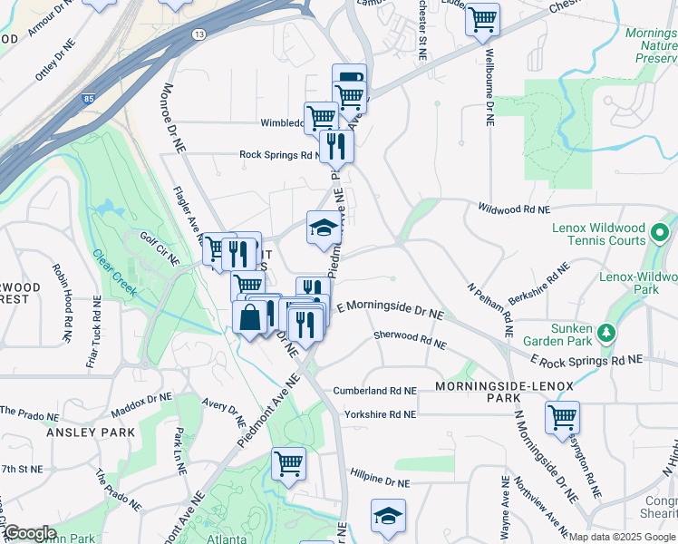 map of restaurants, bars, coffee shops, grocery stores, and more near 610 Greystone Park Northeast in Atlanta