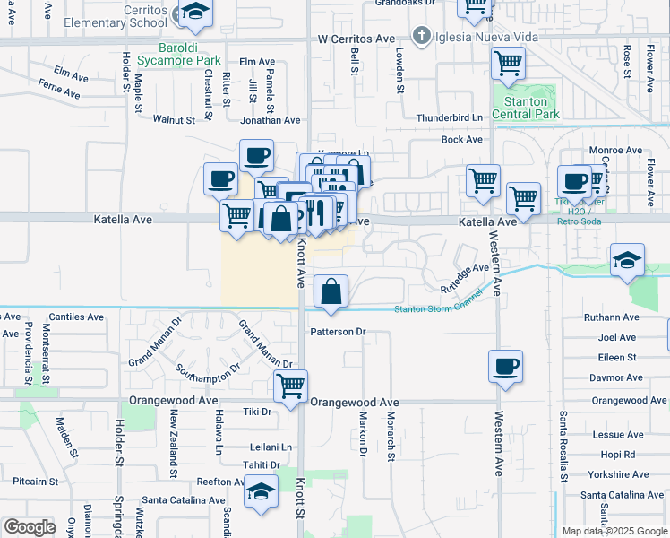 map of restaurants, bars, coffee shops, grocery stores, and more near 7080 Fulton Way in Stanton