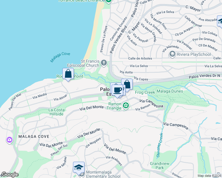 map of restaurants, bars, coffee shops, grocery stores, and more near 300 Vía Corta in Palos Verdes Estates
