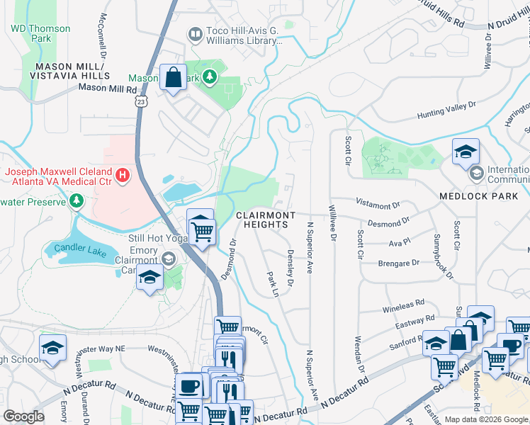 map of restaurants, bars, coffee shops, grocery stores, and more near 2103 Desmond Dr in Decatur