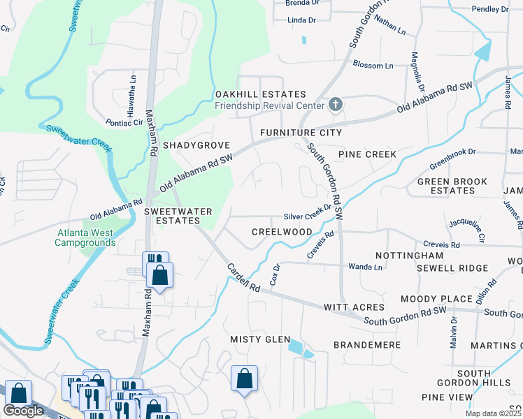 map of restaurants, bars, coffee shops, grocery stores, and more near 2026 Silver Creek Drive in Austell