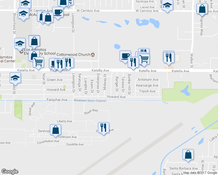 map of restaurants, bars, coffee shops, grocery stores, and more near 11131 Ticonderoga Drive in Los Alamitos