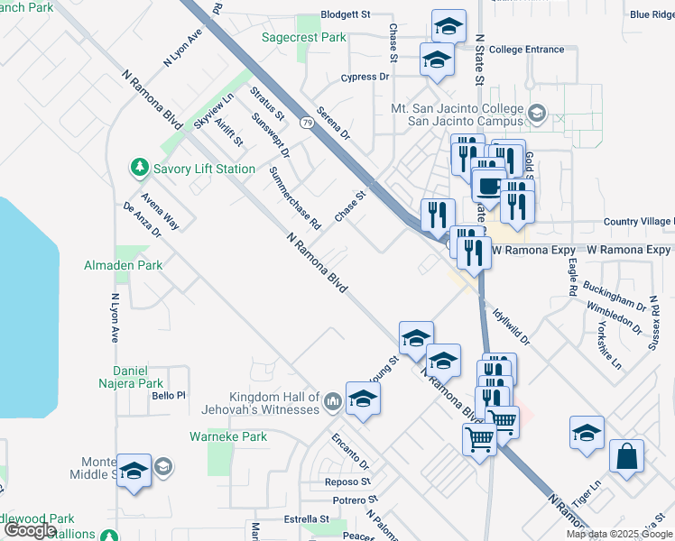 map of restaurants, bars, coffee shops, grocery stores, and more near 1261 North Ramona Boulevard in San Jacinto