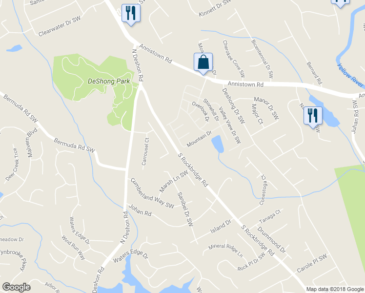 map of restaurants, bars, coffee shops, grocery stores, and more near 289 Mountain Drive in Stone Mountain