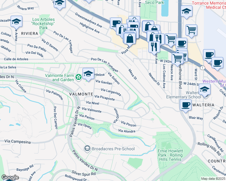 map of restaurants, bars, coffee shops, grocery stores, and more near 4101 Via Largavista in Palos Verdes Estates