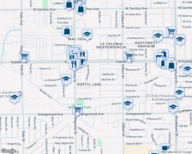 map of restaurants, bars, coffee shops, grocery stores, and more near 11142 Rush Street in Garden Grove