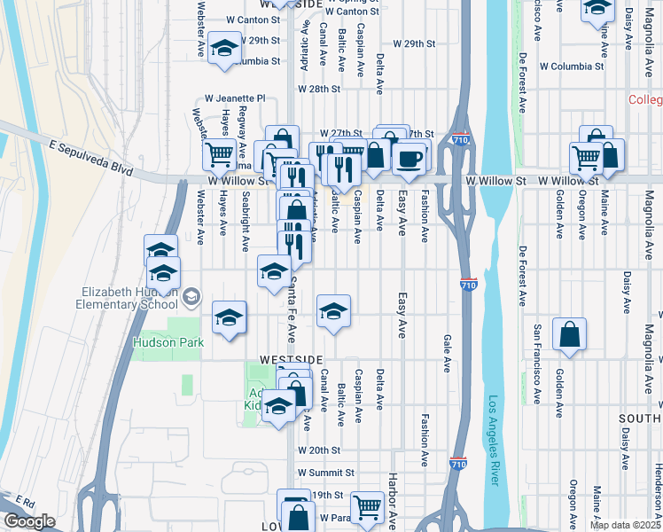 map of restaurants, bars, coffee shops, grocery stores, and more near 2401 Baltic Avenue in Long Beach