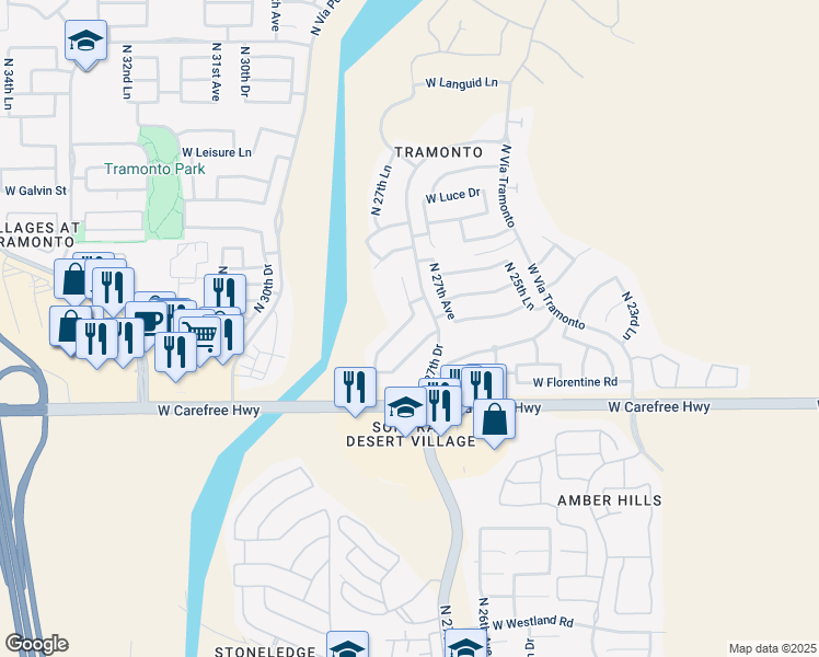 map of restaurants, bars, coffee shops, grocery stores, and more near 2711 West Vía Bona Fortuna in Phoenix