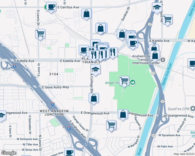 map of restaurants, bars, coffee shops, grocery stores, and more near 1900 South State College Boulevard in Anaheim