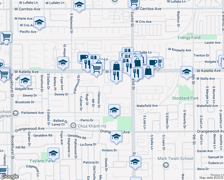 map of restaurants, bars, coffee shops, grocery stores, and more near 11121 Dino Circle in Garden Grove