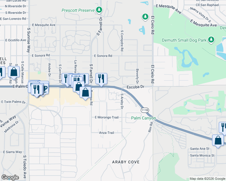 map of restaurants, bars, coffee shops, grocery stores, and more near 1731 San Sebastian Court in Palm Springs
