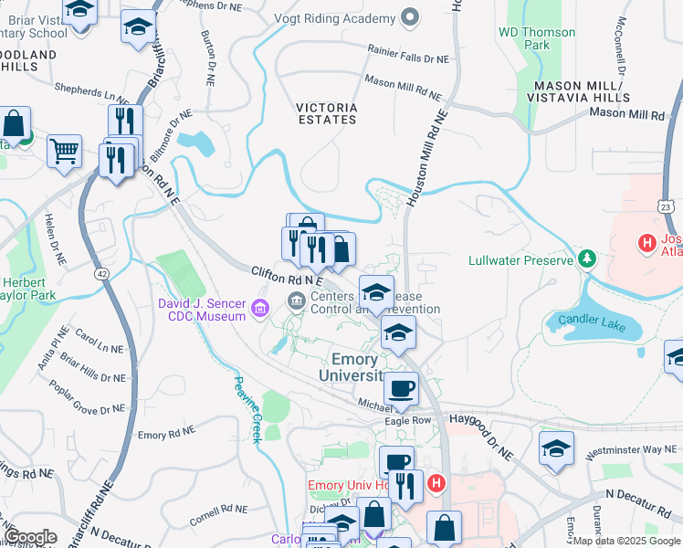 map of restaurants, bars, coffee shops, grocery stores, and more near 1641 Clifton Road Northeast in Atlanta