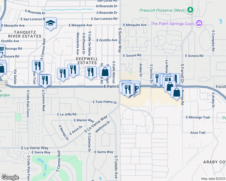 map of restaurants, bars, coffee shops, grocery stores, and more near 1675 East Palm Canyon Drive in Palm Springs