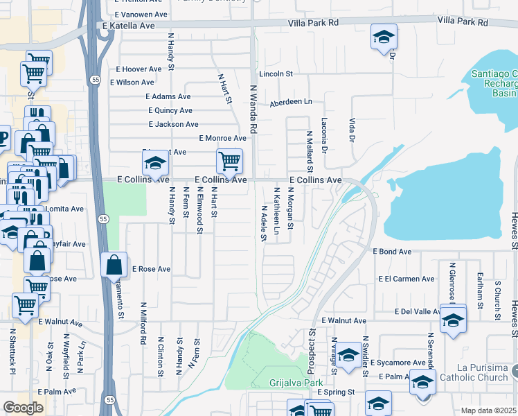 map of restaurants, bars, coffee shops, grocery stores, and more near 2925 East Lomita Avenue in Orange
