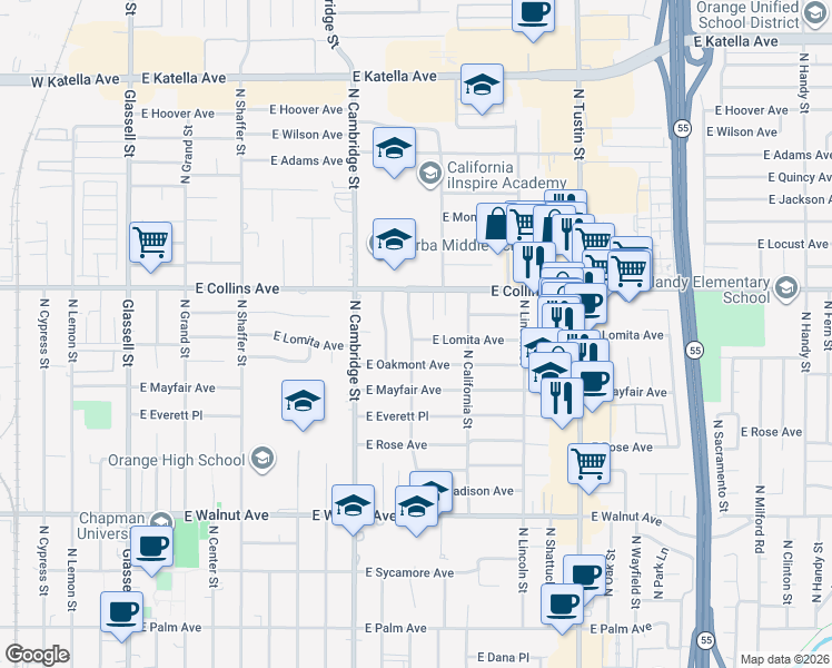 map of restaurants, bars, coffee shops, grocery stores, and more near 1123 East Lomita Avenue in Orange