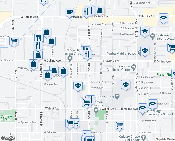 map of restaurants, bars, coffee shops, grocery stores, and more near 828 North Glassell Street in Orange