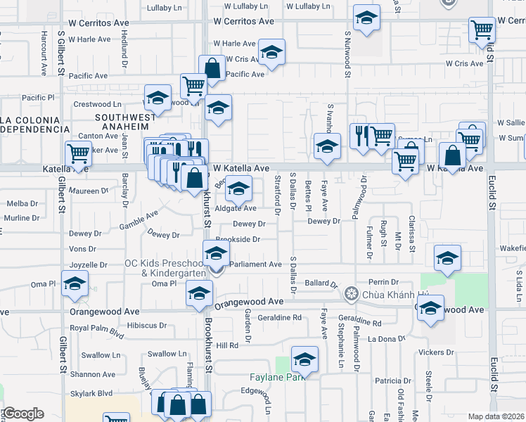 map of restaurants, bars, coffee shops, grocery stores, and more near 10182 Aldgate Avenue in Garden Grove