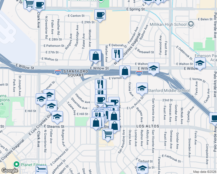 map of restaurants, bars, coffee shops, grocery stores, and more near 2401 Chatwin Avenue in Long Beach
