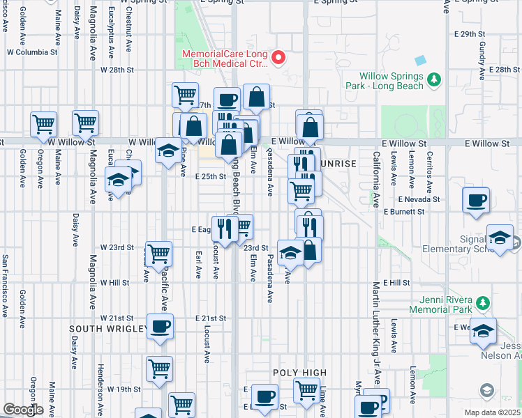 map of restaurants, bars, coffee shops, grocery stores, and more near 2410 Elm Avenue in Long Beach