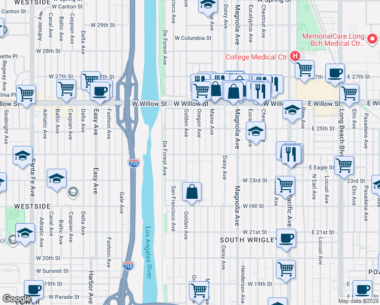 map of restaurants, bars, coffee shops, grocery stores, and more near 2411 Oregon Avenue in Long Beach