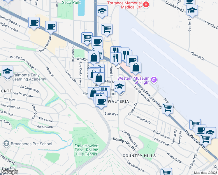 map of restaurants, bars, coffee shops, grocery stores, and more near 24416 Ward Street in Torrance
