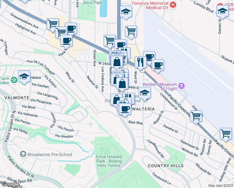 map of restaurants, bars, coffee shops, grocery stores, and more near 24421 Hawthorne Boulevard in Torrance