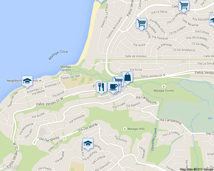 map of restaurants, bars, coffee shops, grocery stores, and more near in Palos Verdes Estates