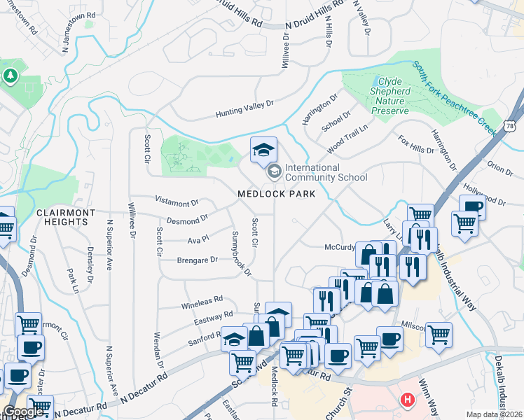 map of restaurants, bars, coffee shops, grocery stores, and more near 2398 Lancelot Drive in Decatur