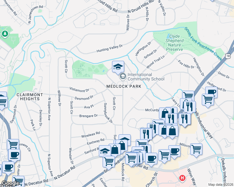 map of restaurants, bars, coffee shops, grocery stores, and more near 2398 Lancelot Drive in Decatur