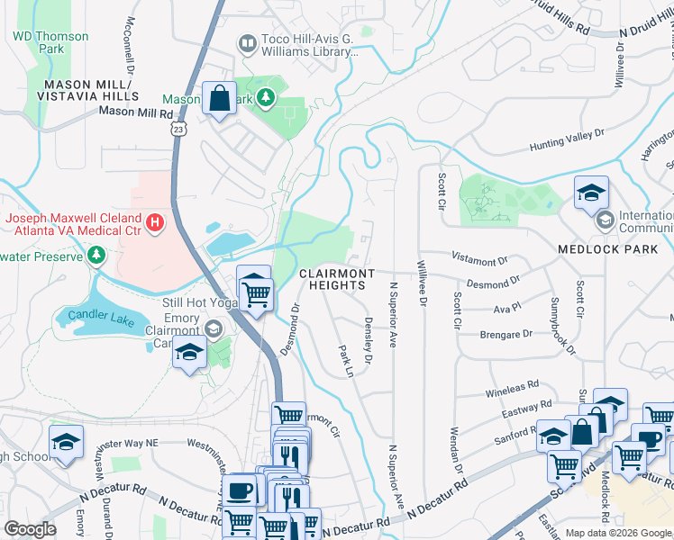 map of restaurants, bars, coffee shops, grocery stores, and more near 2103 Desmond Drive in Decatur