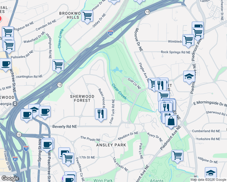 map of restaurants, bars, coffee shops, grocery stores, and more near 1681 Friar Tuck Road Northeast in Atlanta