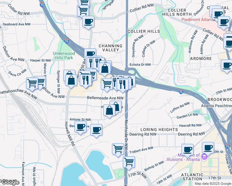 map of restaurants, bars, coffee shops, grocery stores, and more near 1700 Northside Drive Northwest in Atlanta