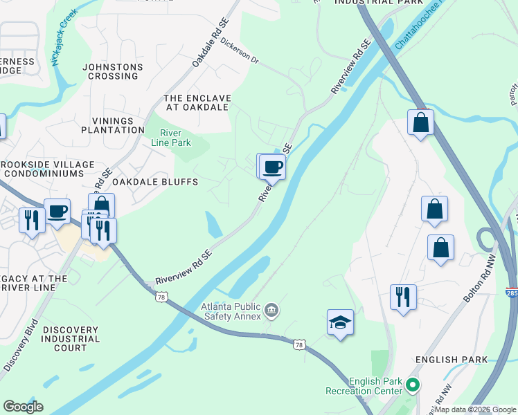 map of restaurants, bars, coffee shops, grocery stores, and more near 6260 Riverview Road Southeast in Mableton