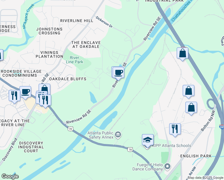 map of restaurants, bars, coffee shops, grocery stores, and more near 6260 Riverview Road Southeast in Mableton