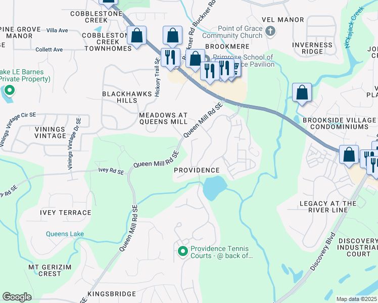 map of restaurants, bars, coffee shops, grocery stores, and more near 6420 Crown Forest Lane in Mableton