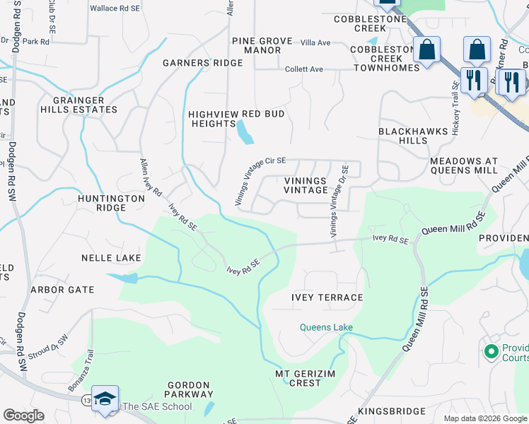 map of restaurants, bars, coffee shops, grocery stores, and more near 331 Vinings Vintage Circle Southeast in Mableton