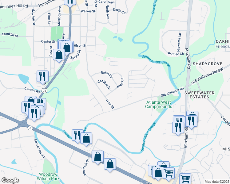 map of restaurants, bars, coffee shops, grocery stores, and more near 2608 Wren Circle in Austell