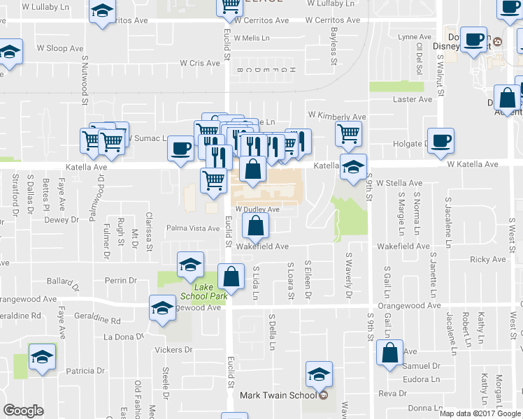 map of restaurants, bars, coffee shops, grocery stores, and more near 1679 W Dudley Ave in Anaheim