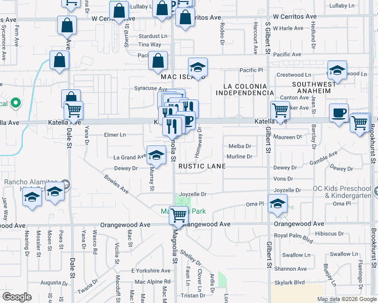 map of restaurants, bars, coffee shops, grocery stores, and more near 11142 Vinevale Street in Garden Grove