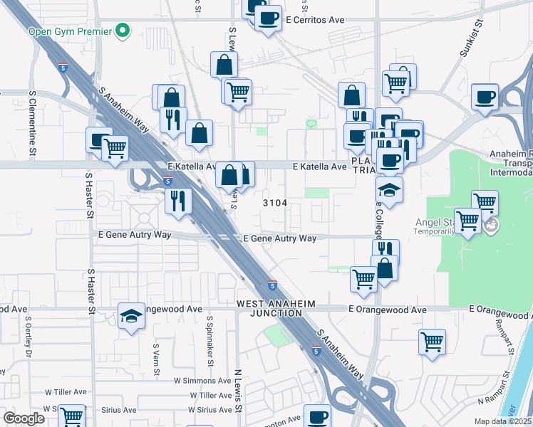 map of restaurants, bars, coffee shops, grocery stores, and more near 1874 South Santa Cruz Street in Anaheim