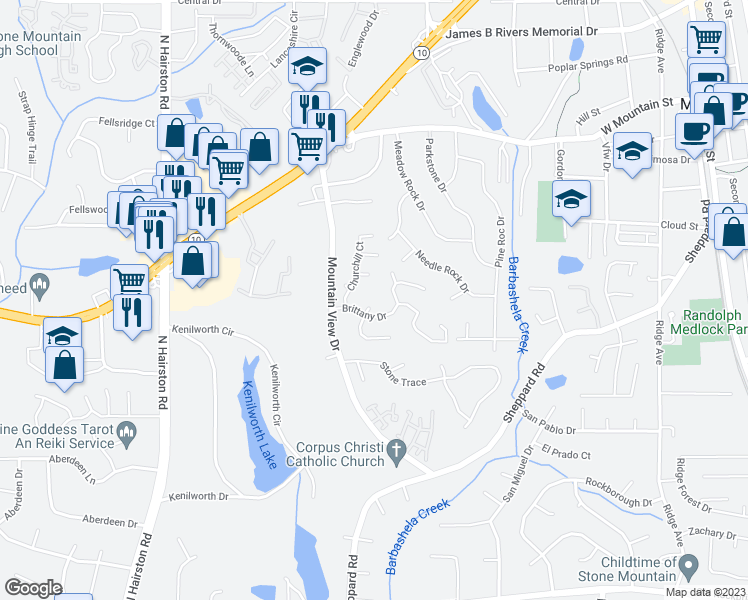 map of restaurants, bars, coffee shops, grocery stores, and more near 797 Brittany Court in Stone Mountain