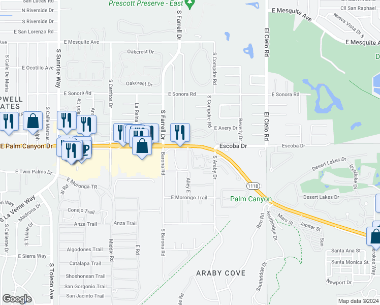 map of restaurants, bars, coffee shops, grocery stores, and more near 1733 Pintura Circle West in Palm Springs