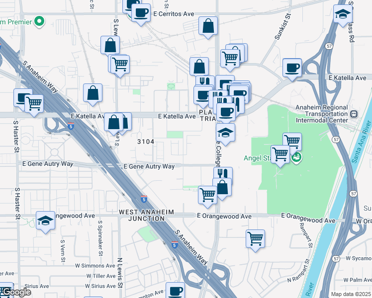 map of restaurants, bars, coffee shops, grocery stores, and more near 1870 Union Street in Anaheim